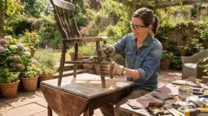 DIY enthusiast wearing canvas gloves for painting and staining an antique wooden chair in the backyard