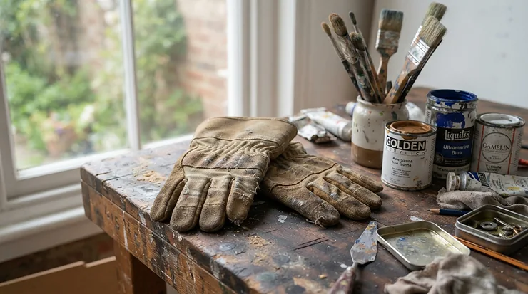 Durable canvas gloves for painting and staining resting on a wooden workbench next to paint cans and brushes