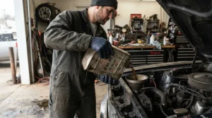 Safety-conscious painter wearing canvas gloves for painting and staining while handling cleaning solvents in the garage