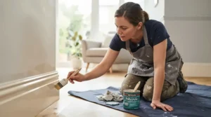 Professional contractor wearing canvas gloves for painting and staining baseboards and interior wall trim
