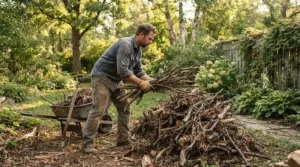 Heavy-duty canvas work gloves for landscaping used by a worker gathering fallen tree branches after a storm.