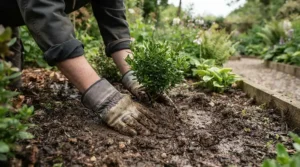 Gardener wearing tough canvas work gloves for landscaping while carefully positioning a green shrub in fresh soil.