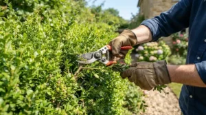 Yard maintenance worker wearing flexible canvas work gloves for landscaping while trimming overgrown hedge branches.