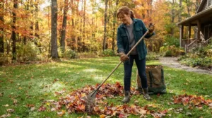 Seasonal fall yard clean-up using reliable canvas work gloves for landscaping to rake large piles of autumn leaves.