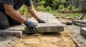 Professional contractor wearing reinforced canvas work gloves for landscaping to lay heavy gray pavers for a walkway.