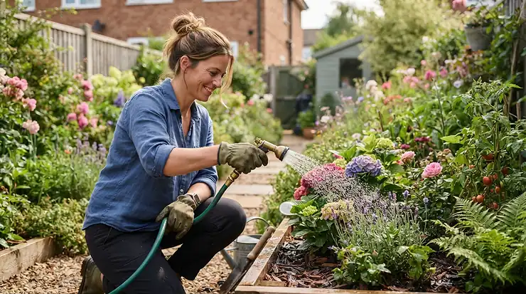 Homeowner wearing comfortable canvas work gloves for landscaping while adjusting a garden hose nozzle near flowerbeds.