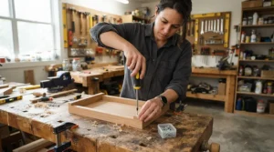 DIY enthusiast wearing cheap general purpose work gloves while assembling a wooden workbench