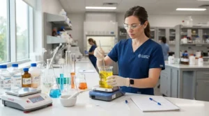 Pharmacist preparing custom medications utilizing cleanroom gloves for pharmaceutical work.