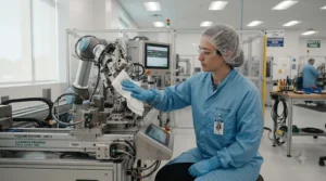 Maintenance staff wearing cleanroom gloves for pharmaceutical work while wiping down manufacturing machinery.