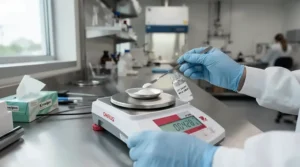 An operator utilizing cleanroom gloves for pharmaceutical work during active pharmaceutical ingredient weighing.