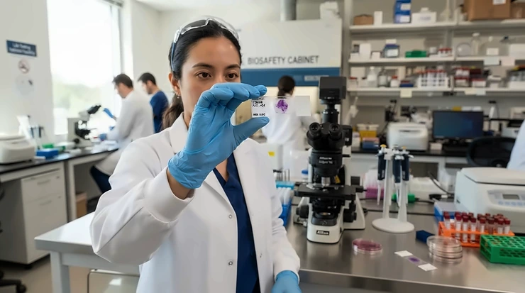 Laboratory analyst examining filter membranes with cleanroom gloves for pharmaceutical work.