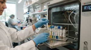 Lab technician transferring testing samples using cleanroom gloves for pharmaceutical work.