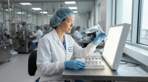 Quality assurance checking glass vials using cleanroom gloves for pharmaceutical work on a production line.