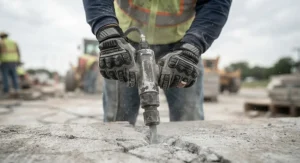 Close-up of a worker's hands equipped with anti-vibration gloves designed to reduce hand-arm vibration syndrome (HAVS) during power tool usage.