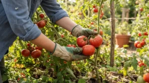 Comfortable cotton work gloves for gardening picking ripe red tomatoes off backyard vines.