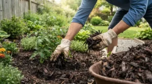 Durable cotton work gloves for gardening used while spreading fresh brown mulch around bushes.