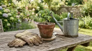 A pair of cotton work gloves for gardening resting beside a ceramic flower pot on a patio table.