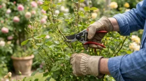 Protective cotton work gloves for gardening during rose pruning and thorn management tasks.