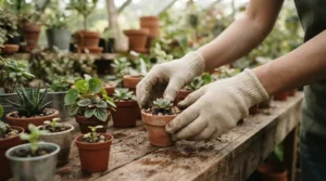 Breathable cotton work gloves for gardening handling delicate vegetable seedlings in a greenhouse.