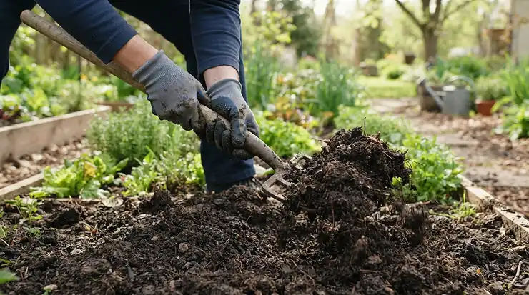 Heavy-duty cotton work gloves for gardening used while turning over rich garden soil with a fork.