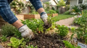 Close-up of cotton work gloves for gardening being used to pull weeds from a backyard garden bed.