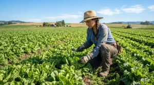 A farmer wearing breathable cotton work gloves for hot weather outdoor work in the fields.
