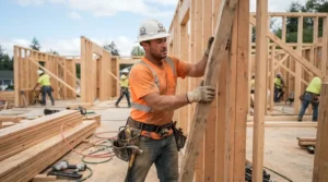A builder utilizing cotton work gloves for hot weather outdoor work on a residential job site.