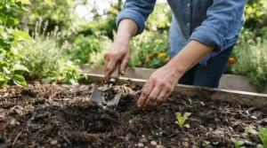 Hands protected with cotton work gloves for hot weather outdoor work while planting flowers in a garden bed.
