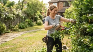 A landscaper wearing cotton work gloves for hot weather outdoor work while trimming bushes in summer.