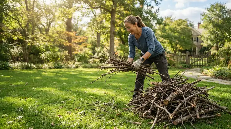 A homeowner raking leaves and wearing cotton work gloves for hot weather outdoor work.