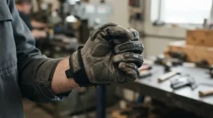 Close-up of textured palm grip on heavy-duty cut and needle stick resistant gloves
