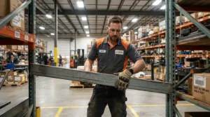 Worker wearing cut and needle stick resistant gloves while handling heavy materials in a warehouse