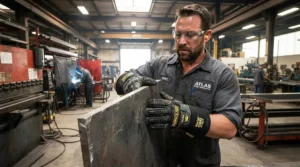 Fabricator working with sheet metal wearing black cut and needle stick resistant gloves
