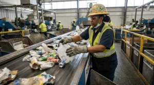 Recycling center employee sorting waste using cut and needle stick resistant gloves