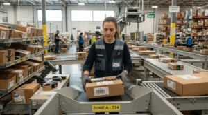 A warehouse worker wearing cut and needle stick resistant gloves while handling packages