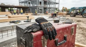 Durable anti-vibration safety gloves resting on a toolbox at an active American commercial construction site.