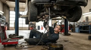 Auto technician utilizing grip work gloves for oily conditions underneath a vehicle lift in a garage