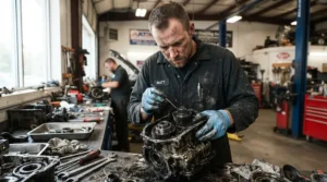 Mechanic wearing grip work gloves for oily conditions while inspecting greasy automotive parts in a repair shop