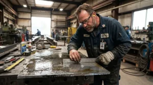 Fabricator wearing grip work gloves for oily conditions holding a freshly cut, lubricated steel plate