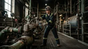 Energy worker wearing grip work gloves for oily conditions handling heavy-duty industrial hardware