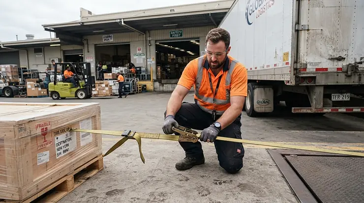 Logistics worker wearing grip work gloves for oily conditions securing equipment on a loading dock