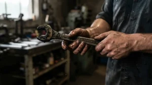 Maintenance worker wearing grip work gloves for oily conditions firmly gripping a grease-covered wrench
