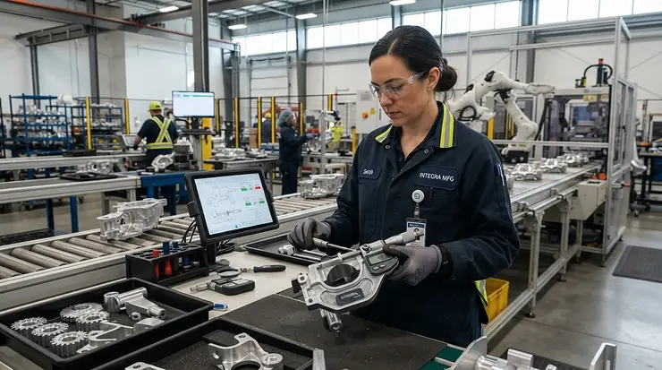 Factory technician utilizing cut and needle stick resistant gloves on an assembly line
