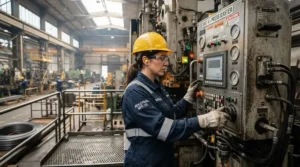 Industrial mechanic wearing TPR impact gloves while operating heavy workshop machinery