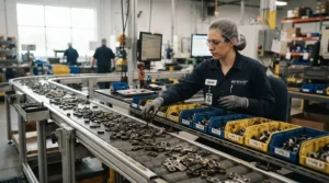 A manufacturing technician handling small metallic components wearing durable jersey work gloves for assembly line workers.