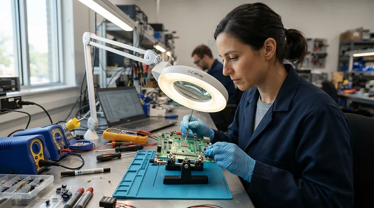 An worker inspecting circuit boards wearing snug jersey work gloves for assembly line workers in a brightly lit facility.