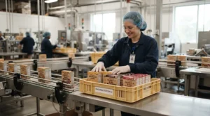A production line operator sorting packaged food items wearing clean jersey work gloves for assembly line workers.