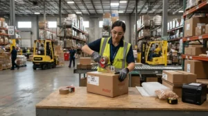 A factory employee sealing cardboard shipping boxes while wearing comfortable jersey work gloves for assembly line workers.