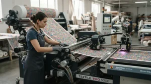 A factory operator checking rolled fabrics wearing flexible jersey work gloves for assembly line workers.