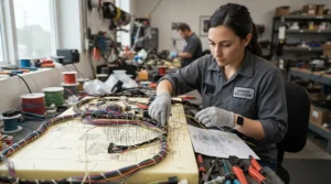 An assembly operator organizing electrical cables wearing dexterous jersey work gloves for assembly line workers.